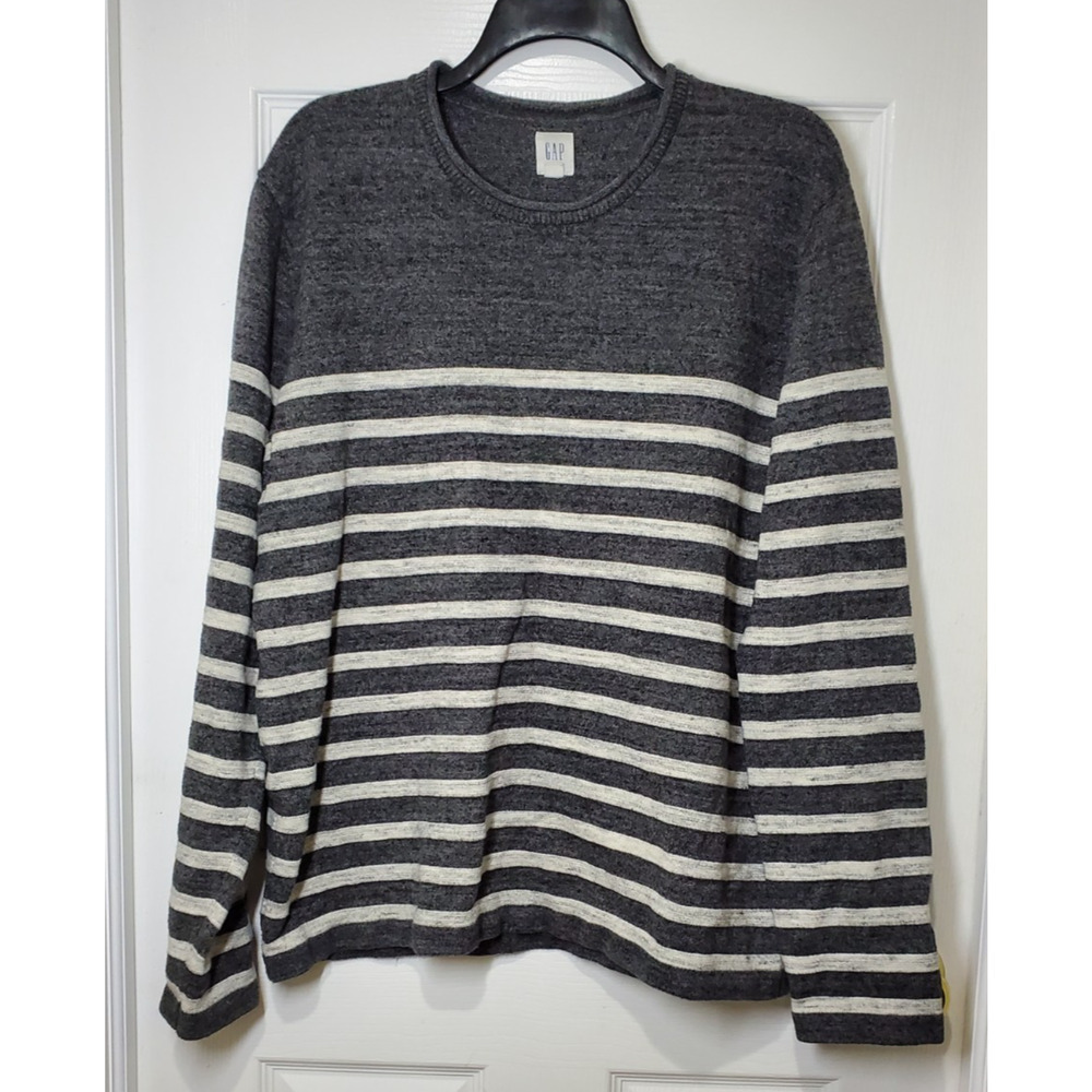 GAP Men’s Sweater Size L Gray White Striped Cotton Blend Crewneck Knit Pullover